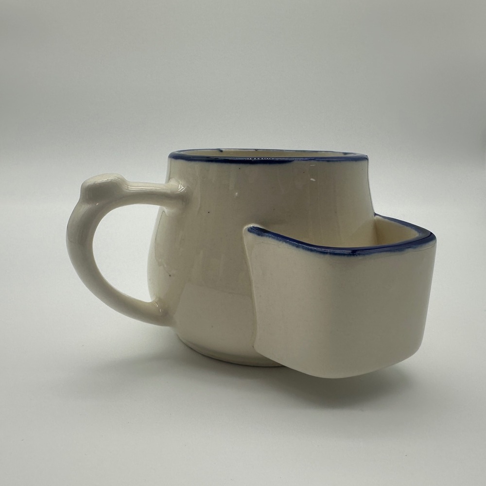Vintage Ceramic Shaving Cream Mug with Side Brush Pocket Blue Rim Cream Pottery